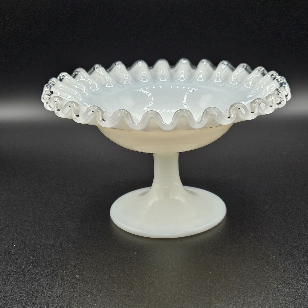 Vintage Fenton Silver Crest Ruffled Compote Milk Glass Pedestal Candy Dish